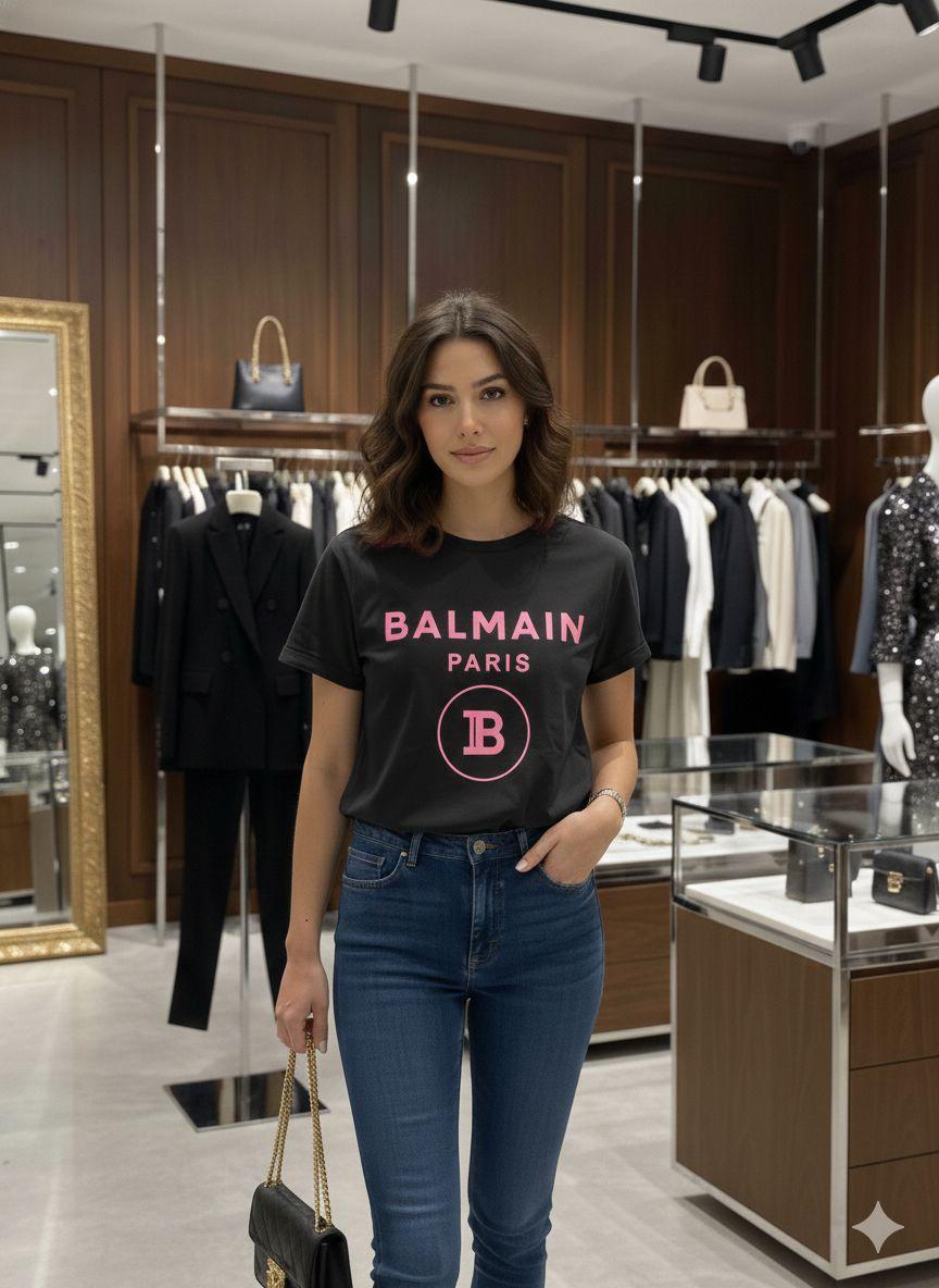 Balmain Black Tee – Worn by Model Closeup	