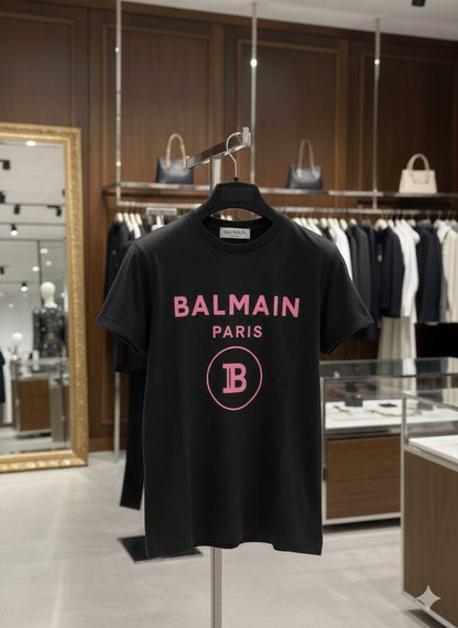 Balmain Paris Women's Cotton Peach Tee in Black – Product Shot	