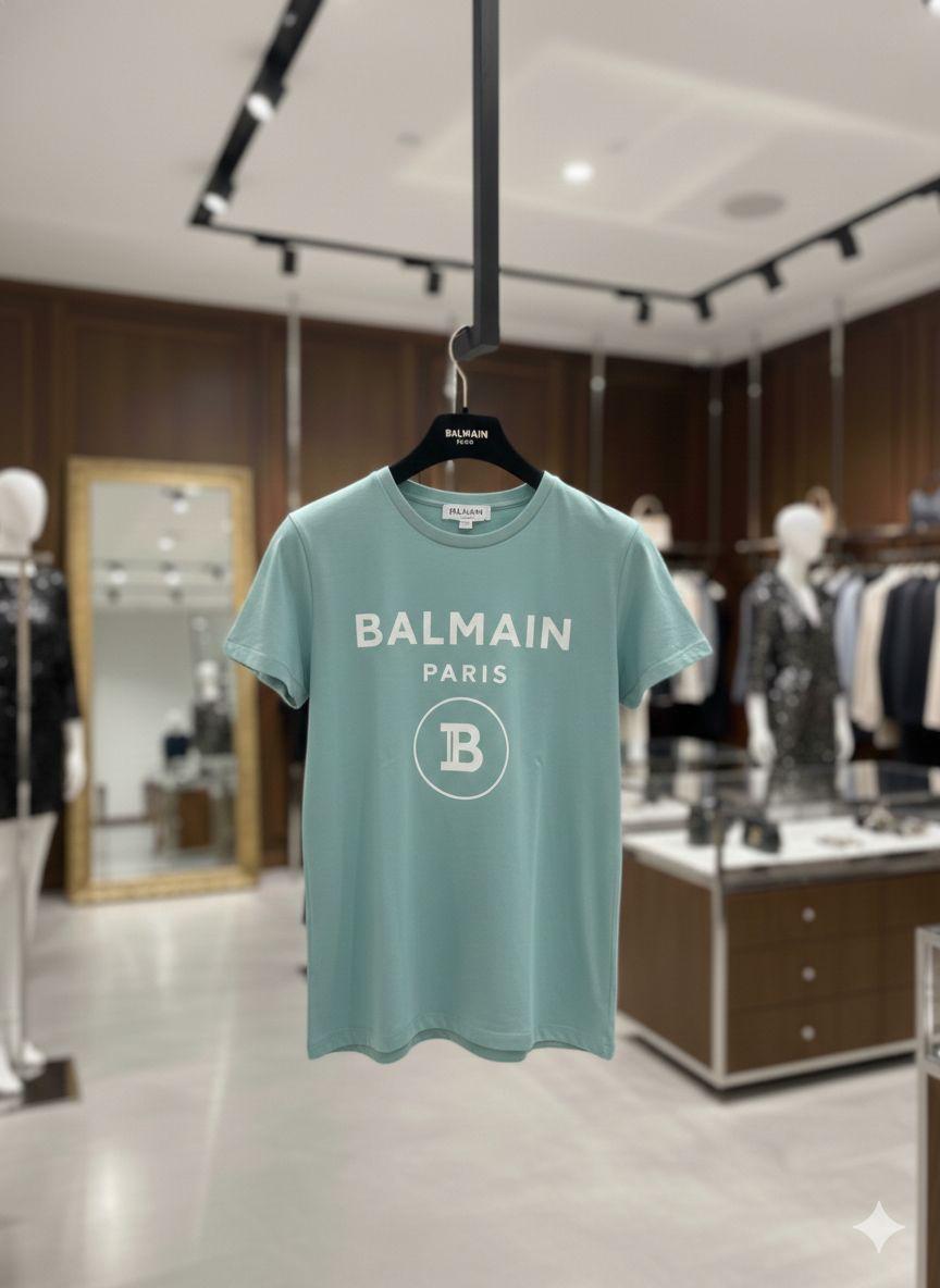 Balmain Paris Women's Cotton Peach Tee in Sky Blue – Product Shot	