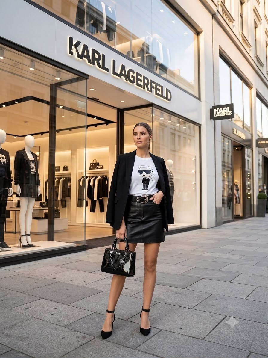 Karl Lagerfeld White Tee – Worn by Model Distance Shot
