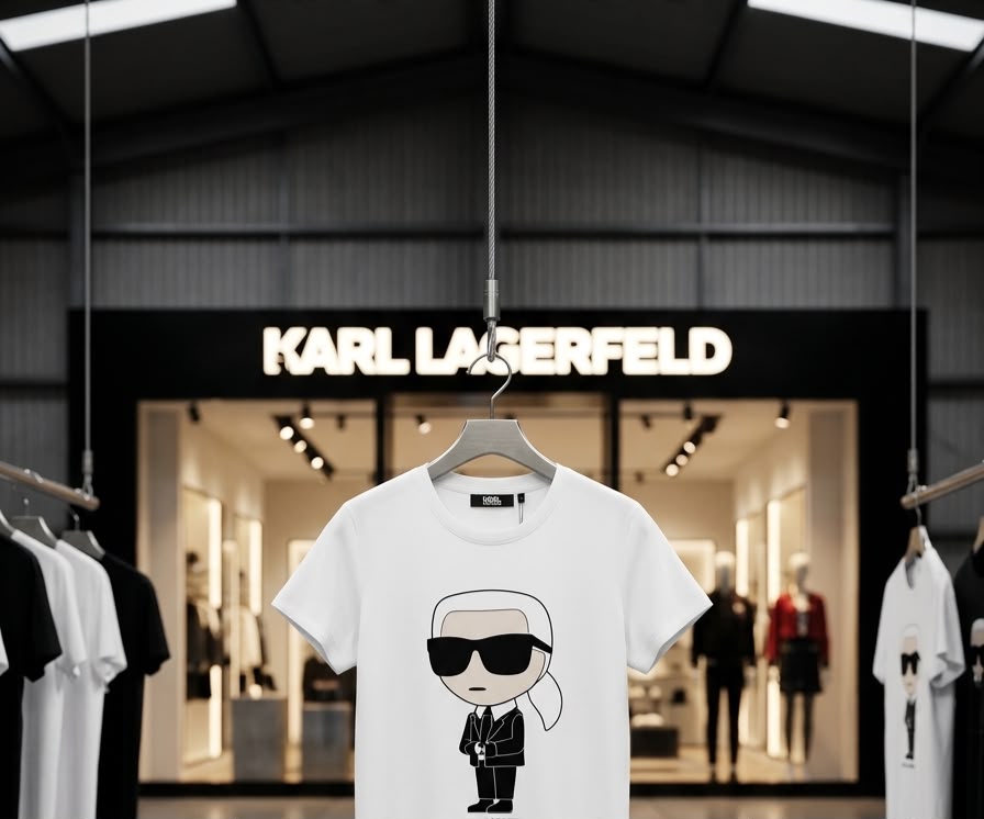Karl Lagerfeld White Tee – Worn by Model Closeup	