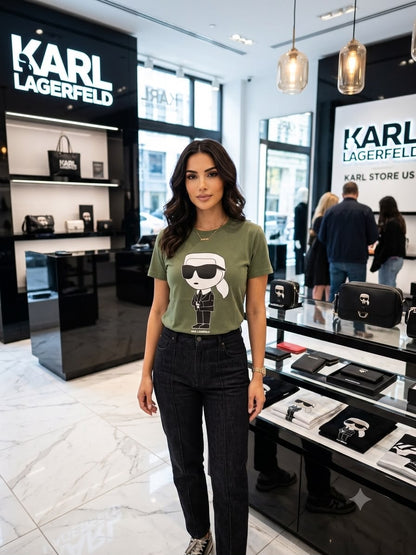 Karl Lagerfeld Green Tee – Worn by Model Closeup	