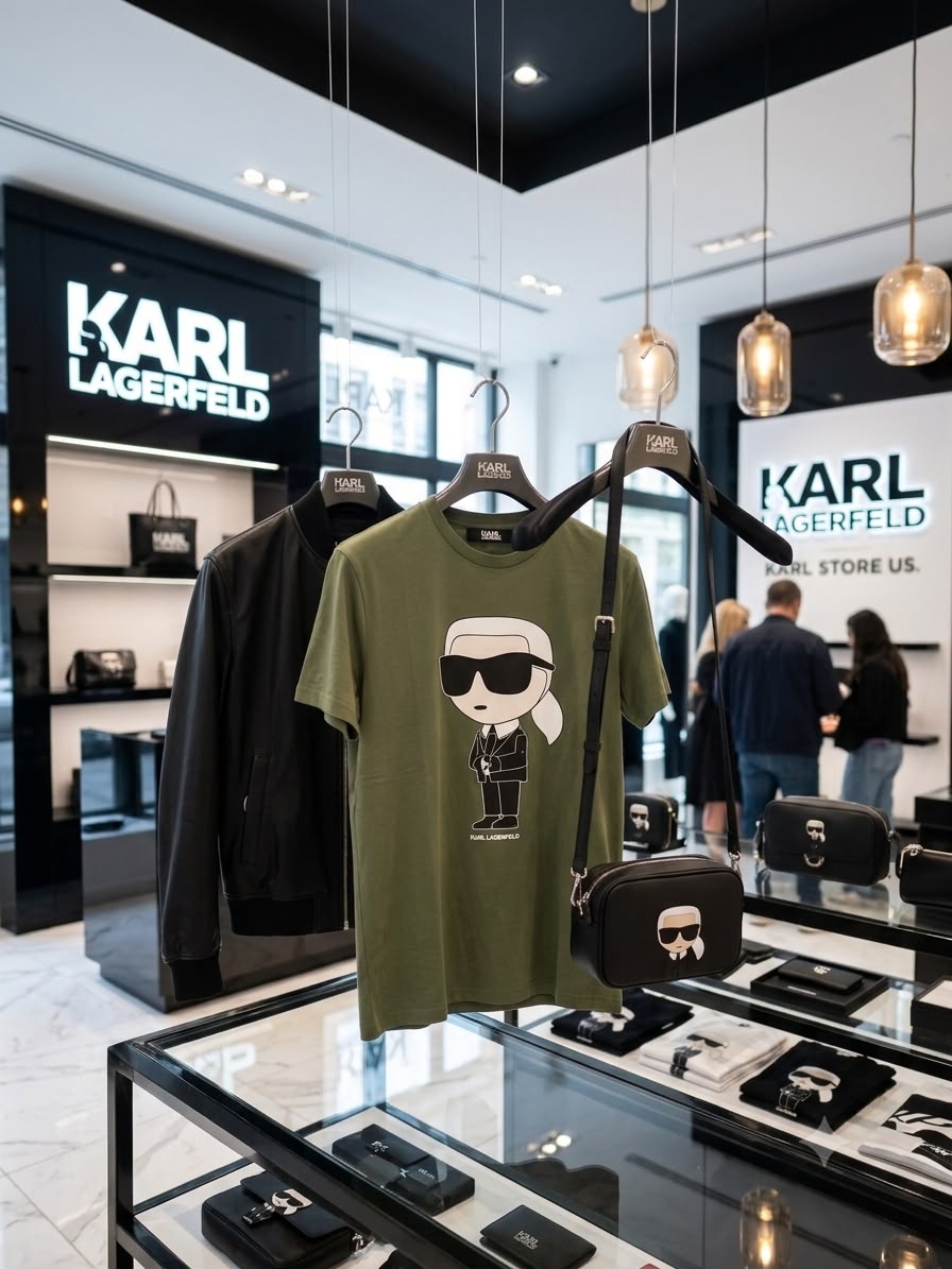 Karl Lagerfeld Green Tee – Worn by Model Distance Shot
