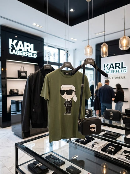 Karl Lagerfeld Green Tee – Worn by Model Distance Shot
