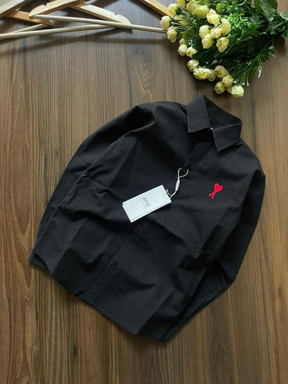 AMI Paris Kids Regular Fit Embroidered Oxford Shirt in Black
