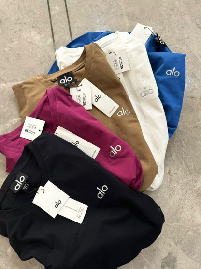 Premium ALO women's heavyweight cotton T-shirts in onion pink, beige, black, blue and white
