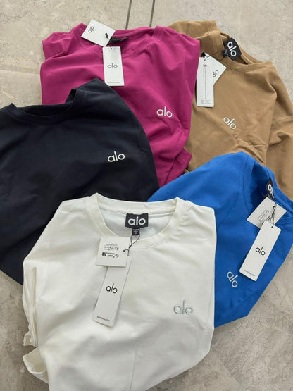 ALO premium women's T-shirts in onion pink, beige, black, blue and white
