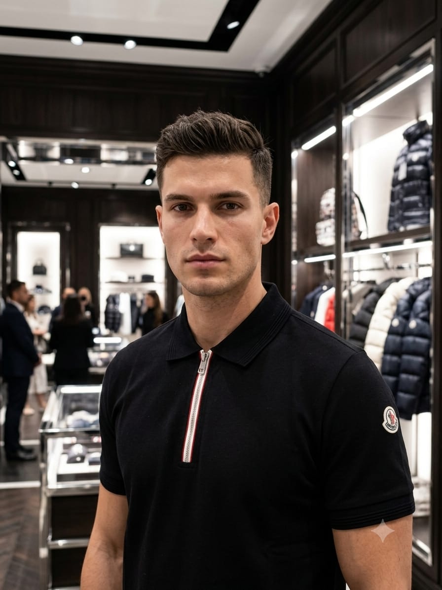 Black Moncler half zip polo t-shirt close-up on model
