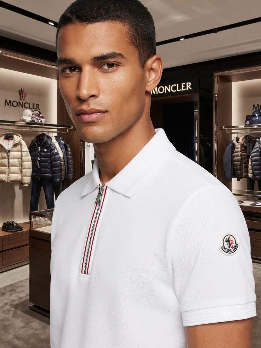 White Moncler half zip polo shirt close-up on model

