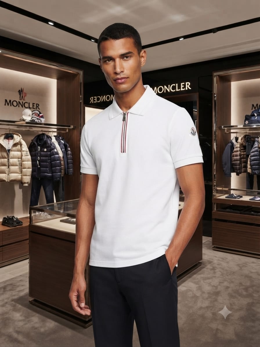 White Moncler half zip polo t-shirt folded on display table
