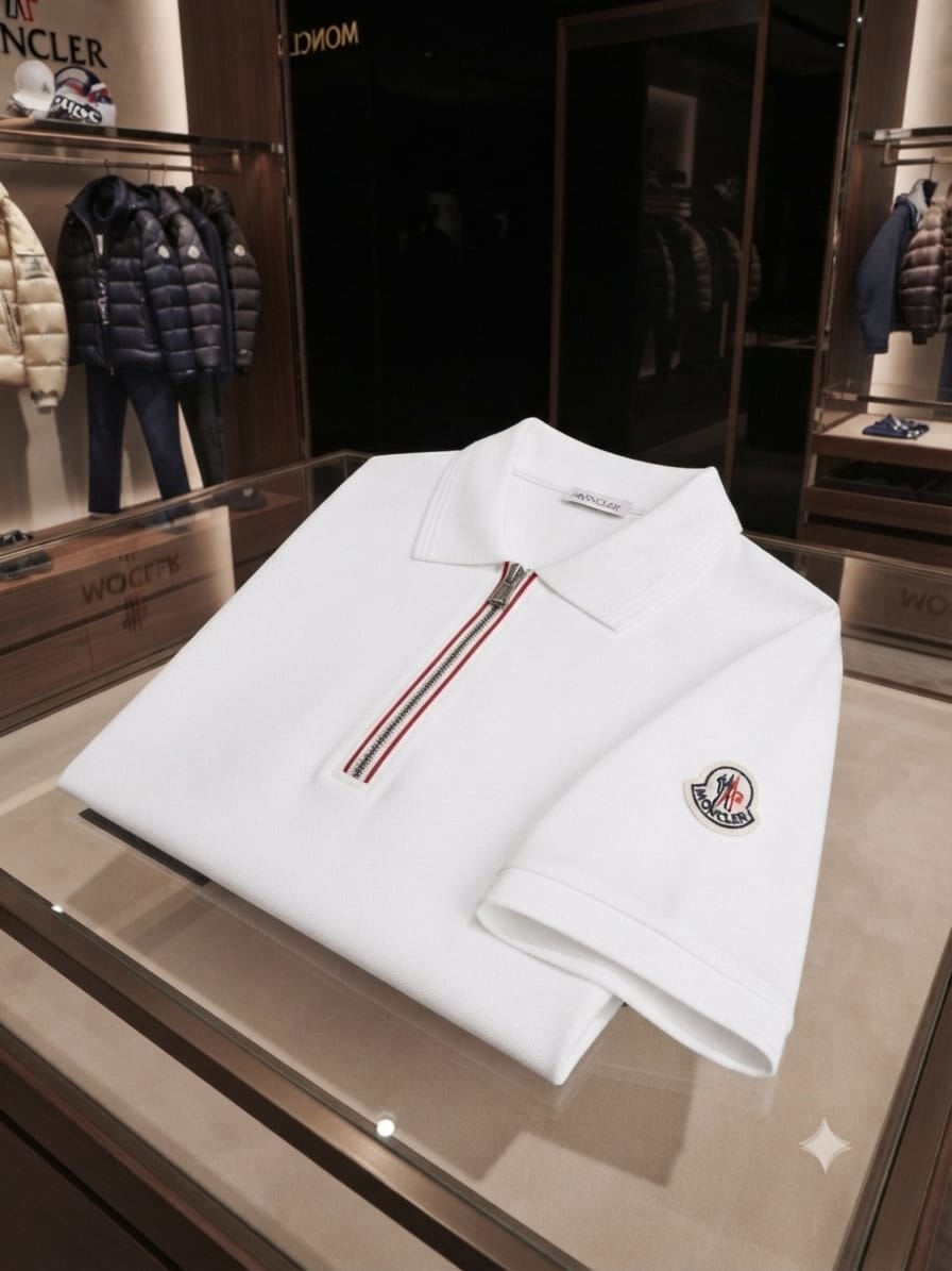 White Moncler half zip polo shirt hanging on hanger
