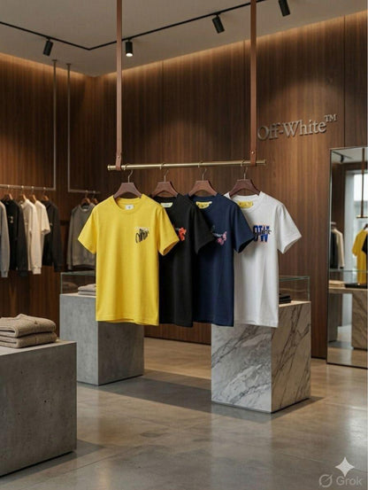 Off-White Kids Lycra Tees – White, Black, Navy & Yellow Collection – Front View
