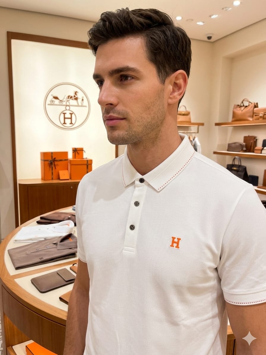 Men's Hermès white regular fit polo t-shirt with embroidered logo
