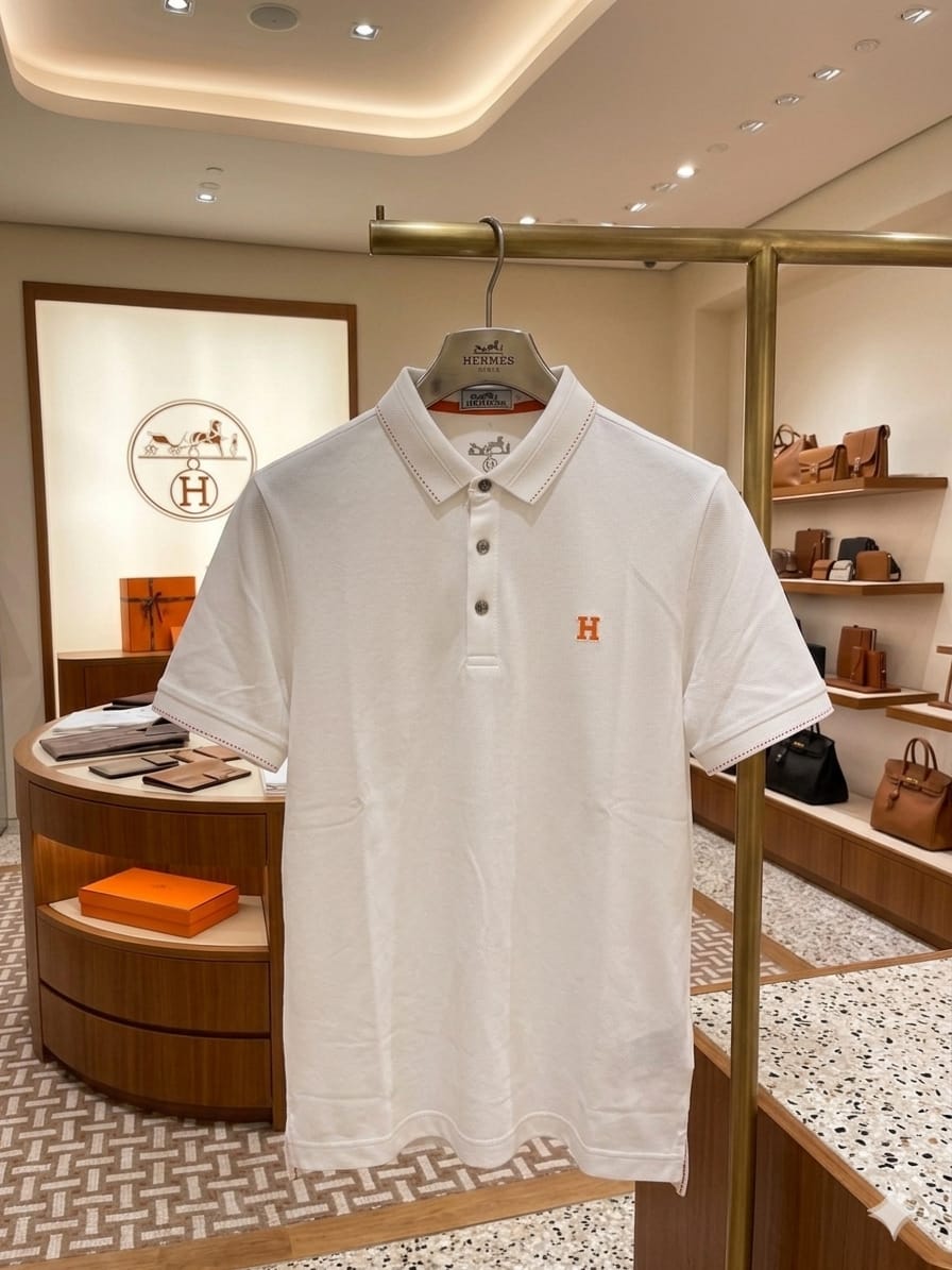 Hermès white stitchless polo t-shirt for men front view premium fit
