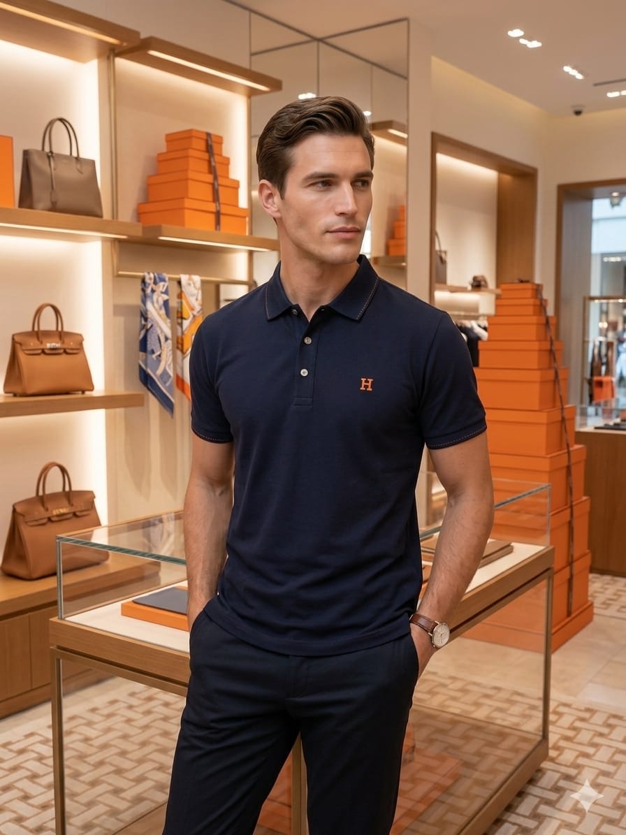 Hermès navy premium polo t-shirt for smart casual styling
