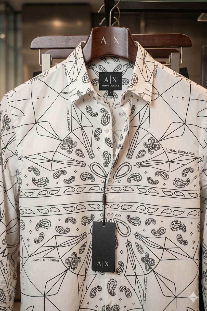 Armani white paisley print Japanese fabric regular fit men's shirt front view
