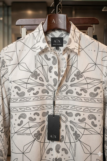 Armani white paisley print Japanese fabric regular fit men's shirt front view
