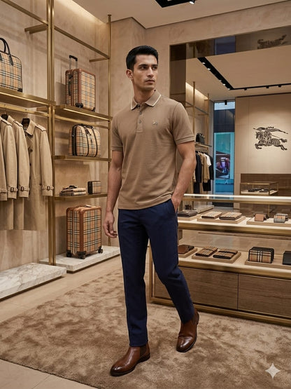 Premium beige men's polo t shirt with original accessories