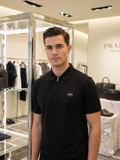 Premium black men's polo shirt with half zip design