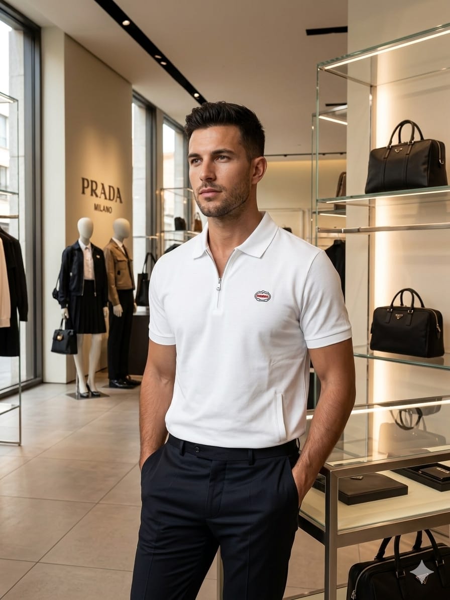 Premium white men's polo shirt with half zip design