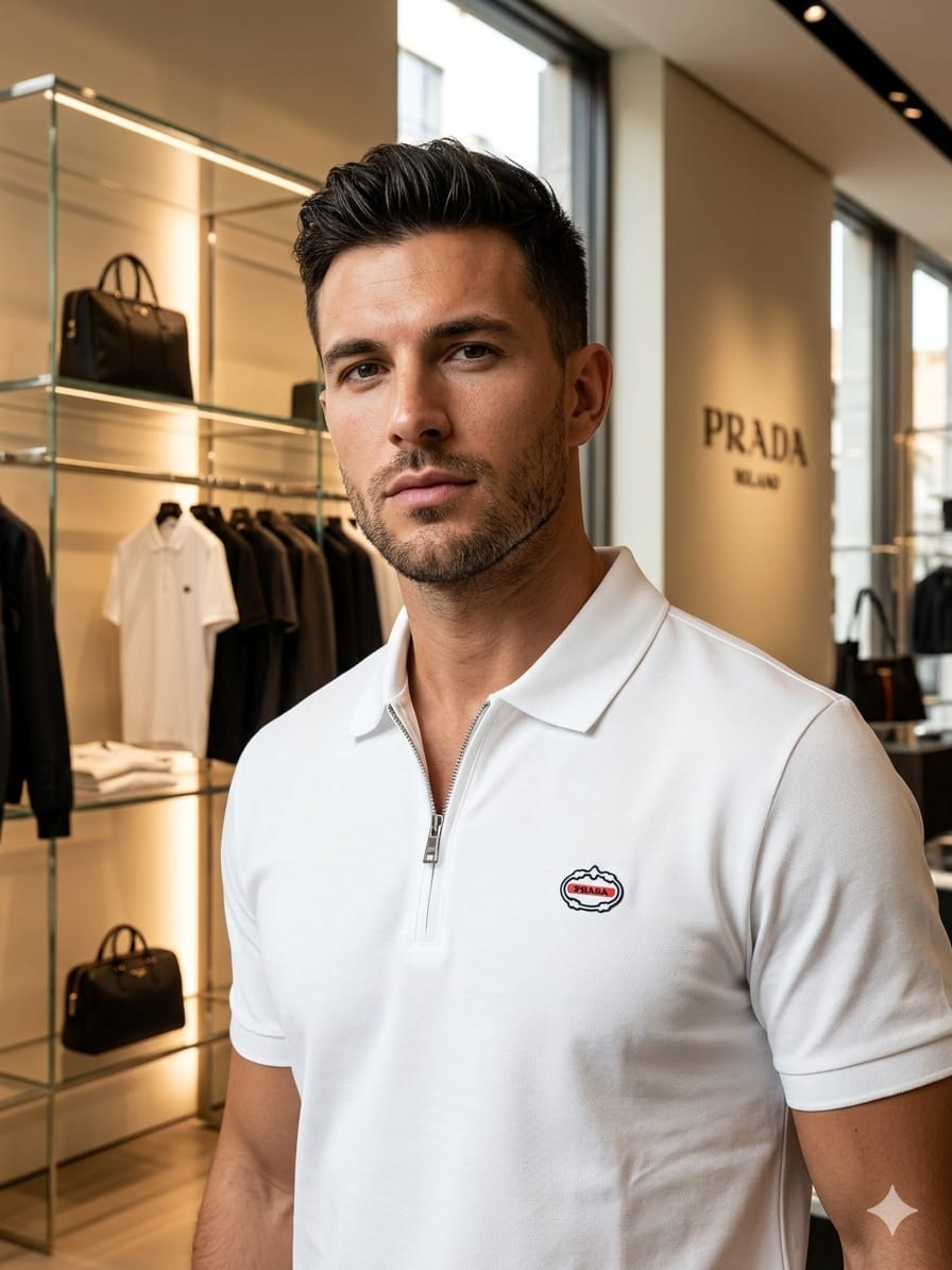 White Prada men's wear regular fit half zip polo