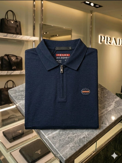Premium navy blue men's polo shirt with half zip design
