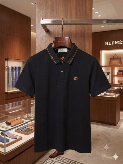 HERMES 2026 premium black polo tee regular fit front view