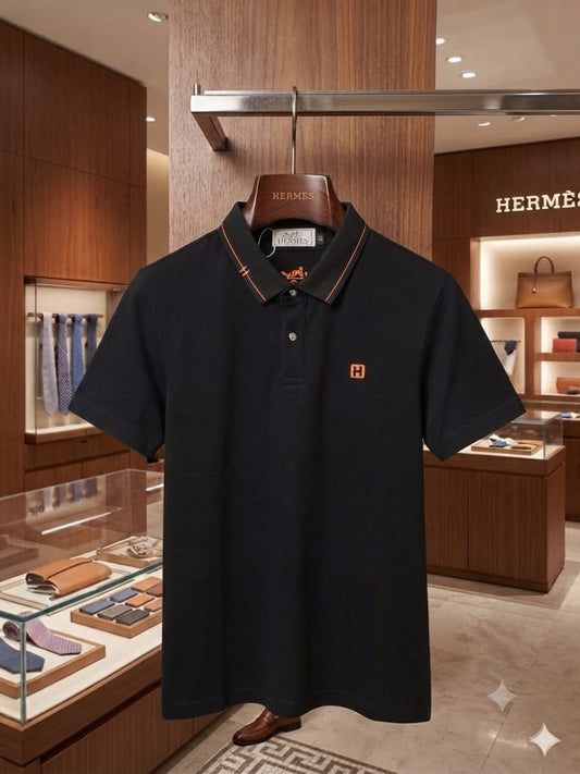 HERMES 2026 premium black polo tee regular fit front view