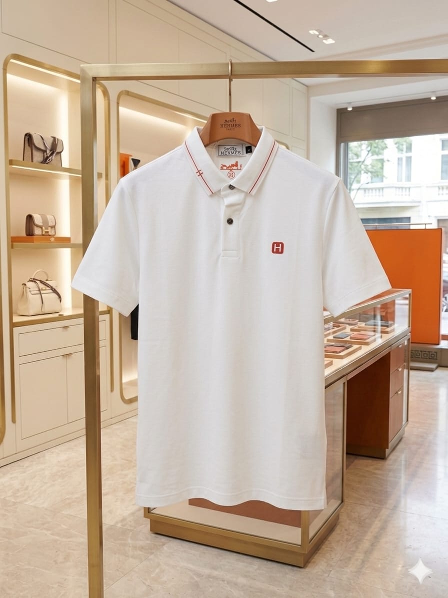 HERMES 2026 premium white polo tee regular fit front view