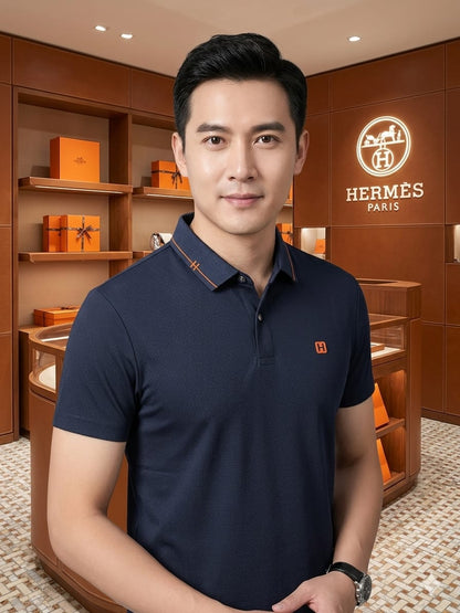 HERMES 2026 navy polo tee premium quality close up