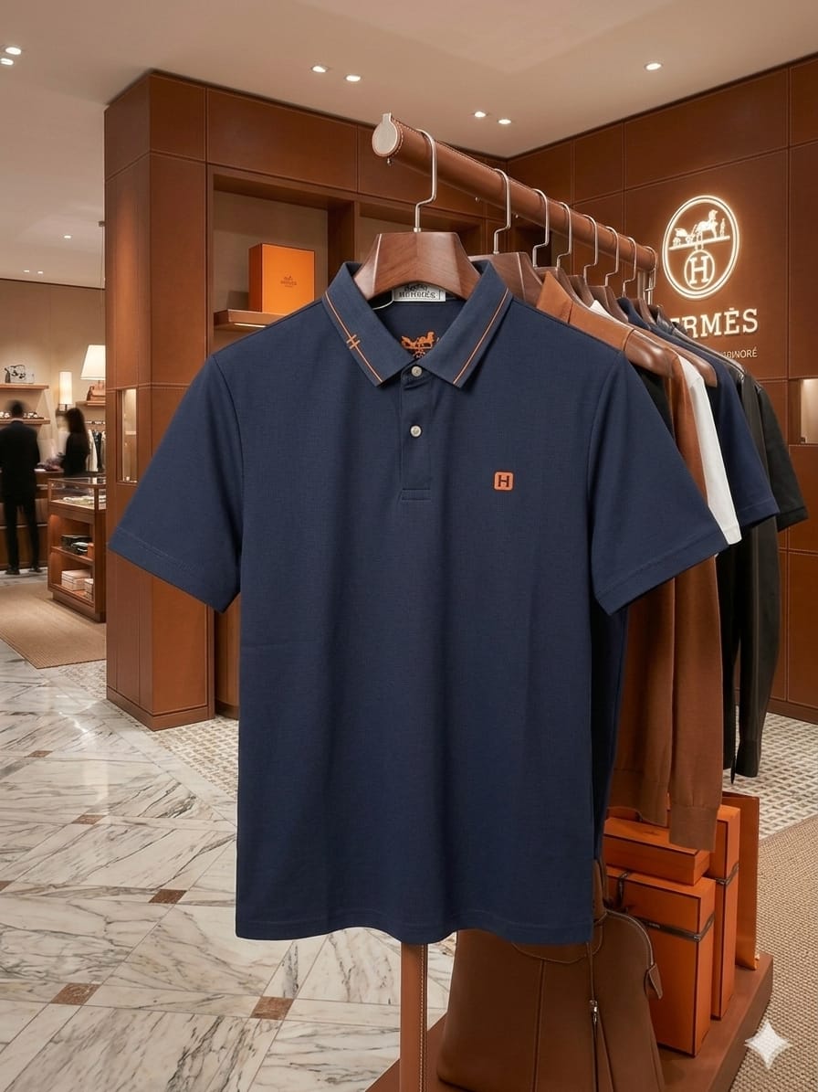 HERMES 2026 premium navy polo tee regular fit front view