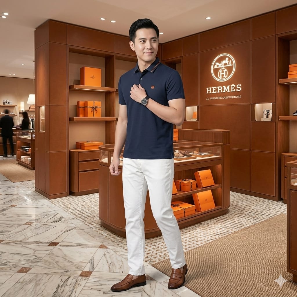 HERMES 2026 navy polo shirt regular fit detailed view
