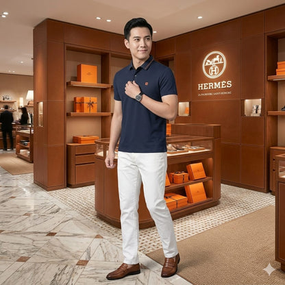 HERMES 2026 navy polo shirt regular fit detailed view
