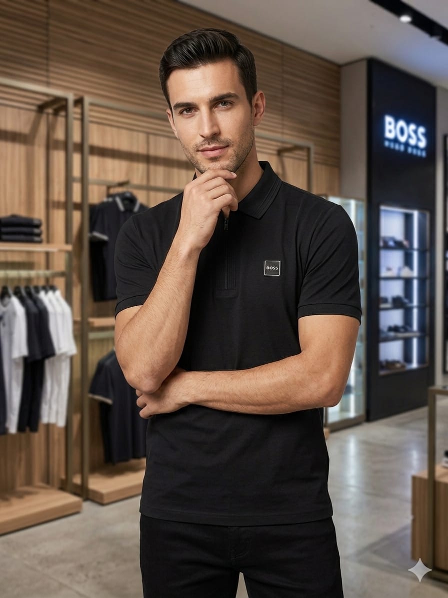 BOSS 2026 black polo shirt regular fit detailed view