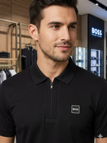BOSS 2026 black polo tee premium quality close up