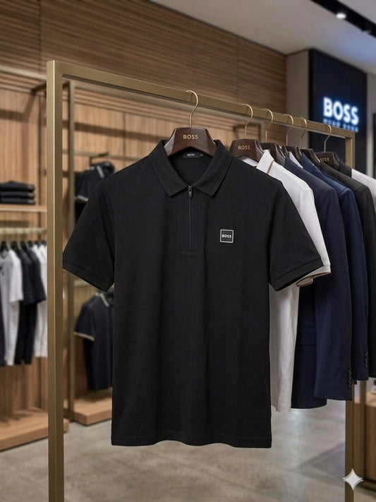 BOSS 2026 premium black polo tee regular fit front view
