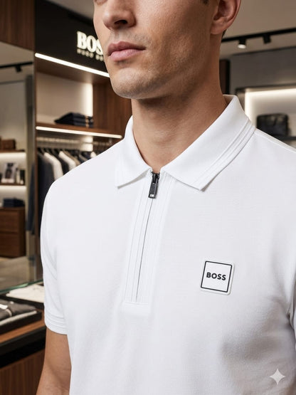 BOSS 2026 white polo tee premium quality close up