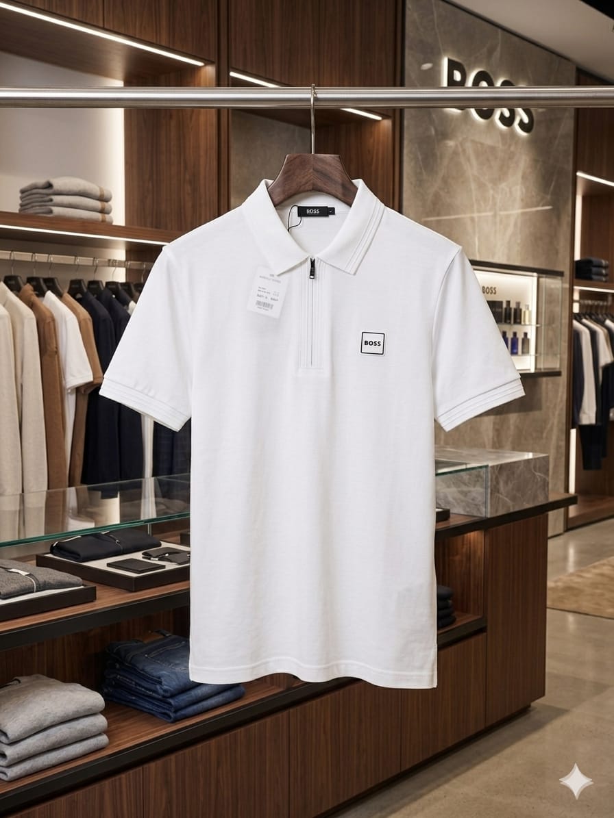 BOSS 2026 premium white polo tee regular fit front view