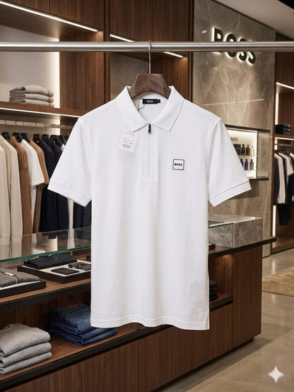 BOSS 2026 premium white polo tee regular fit front view