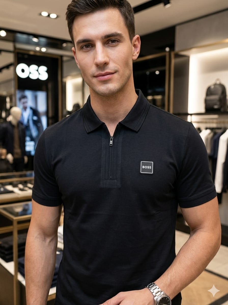 BOSS 2026 black polo tee premium quality detail
