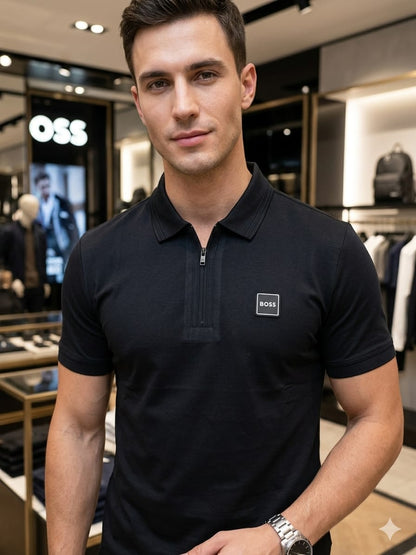 BOSS 2026 black polo tee premium quality detail