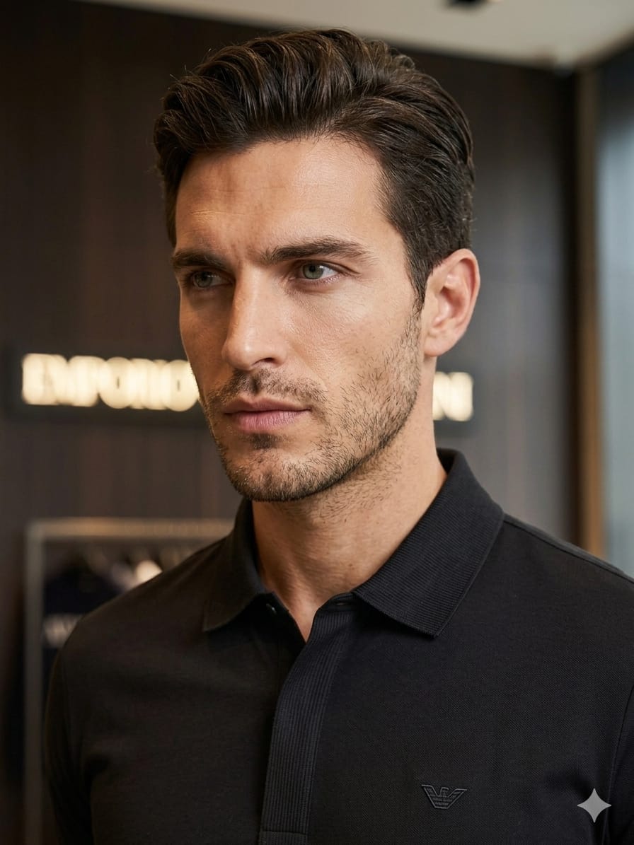 EMPORIO ARMANI 2026 black polo tee premium quality close up
