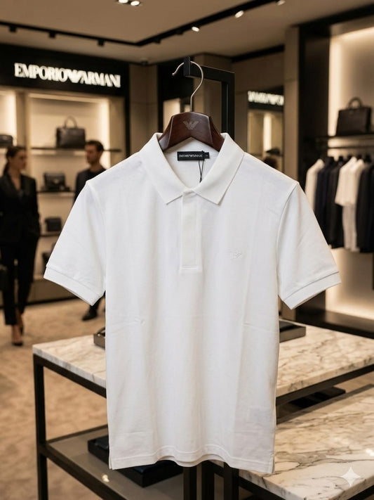 EMPORIO ARMANI 2026 premium white polo tee regular fit front view

