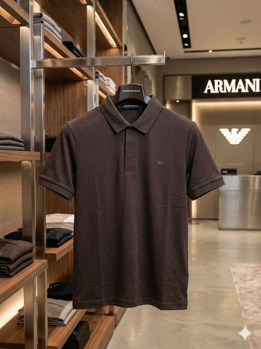 EMPORIO ARMANI 2026 premium brown polo tee regular fit front view