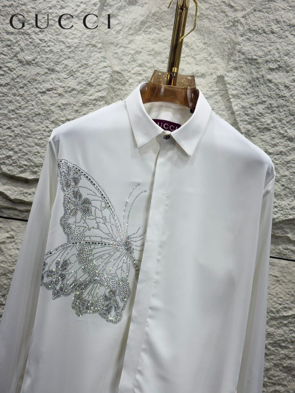 Premium Gucci white designer shirt with luxury stone work detailing
