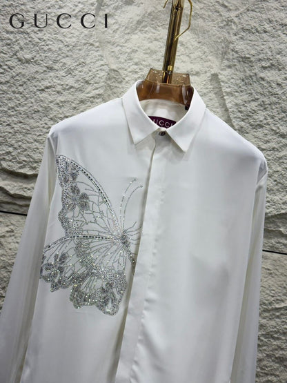 Premium Gucci white designer shirt with luxury stone work detailing
