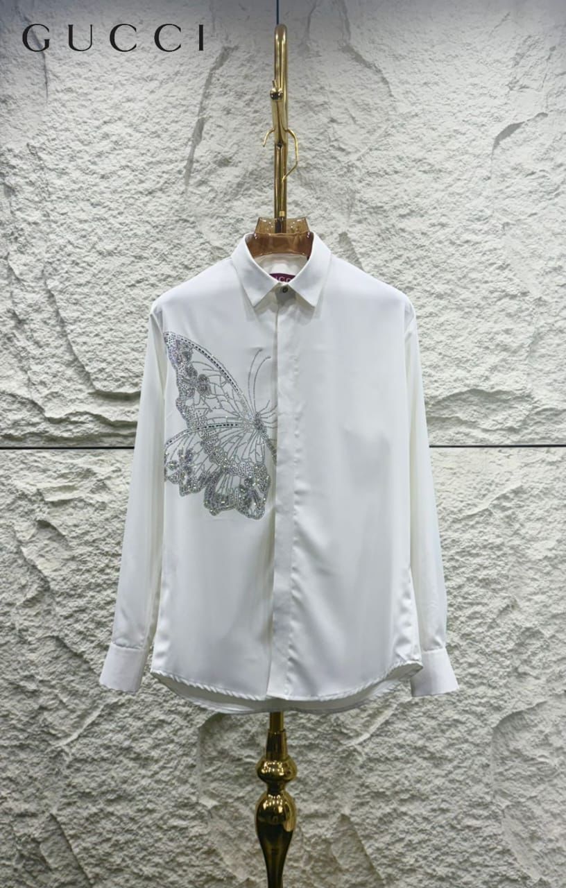 Gucci men's white Japanese fabric regular fit shirt with imported stone work
