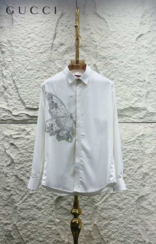 Gucci men's white Japanese fabric regular fit shirt with imported stone work
