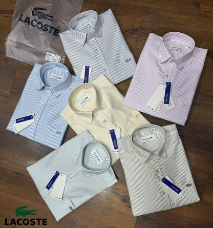 Lacoste men's striped Oxford cotton shirts with embroidered logo in six premium colours
