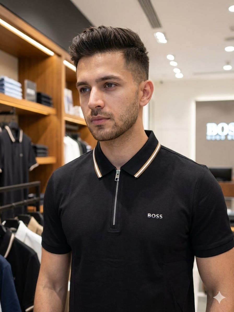 BOSS 2026 black polo tee premium quality close up